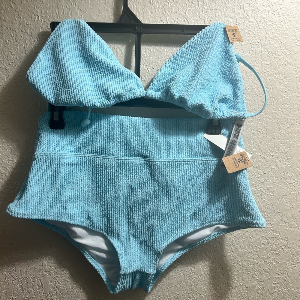 🩵👙VS PINK-Crinkle Triangle Bikini Top&High Waist Shortie Bikini Bottom🩵👙